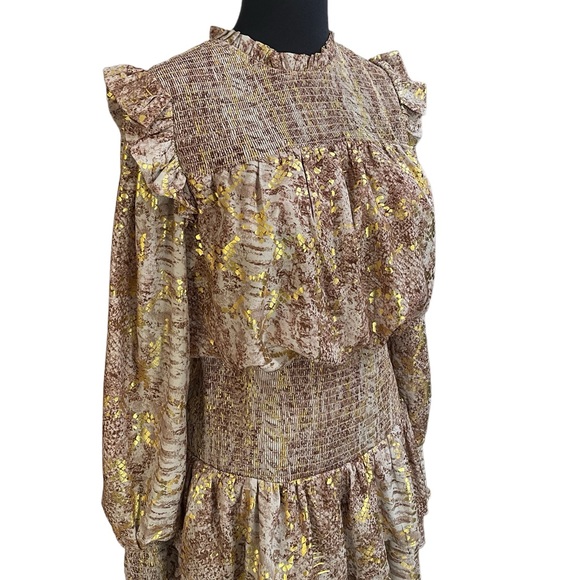 Endless Rose Metallic Animal Print Mini Dress Sz S Gold Ruffles Tier Long Sleeve - Picture 4 of 15